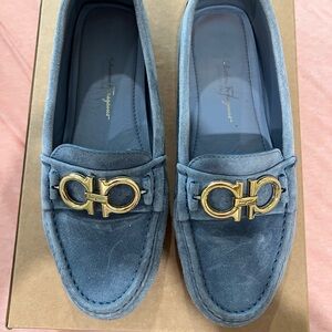Salvatore Ferragamo Blue Suede Loafers with Gold Accent